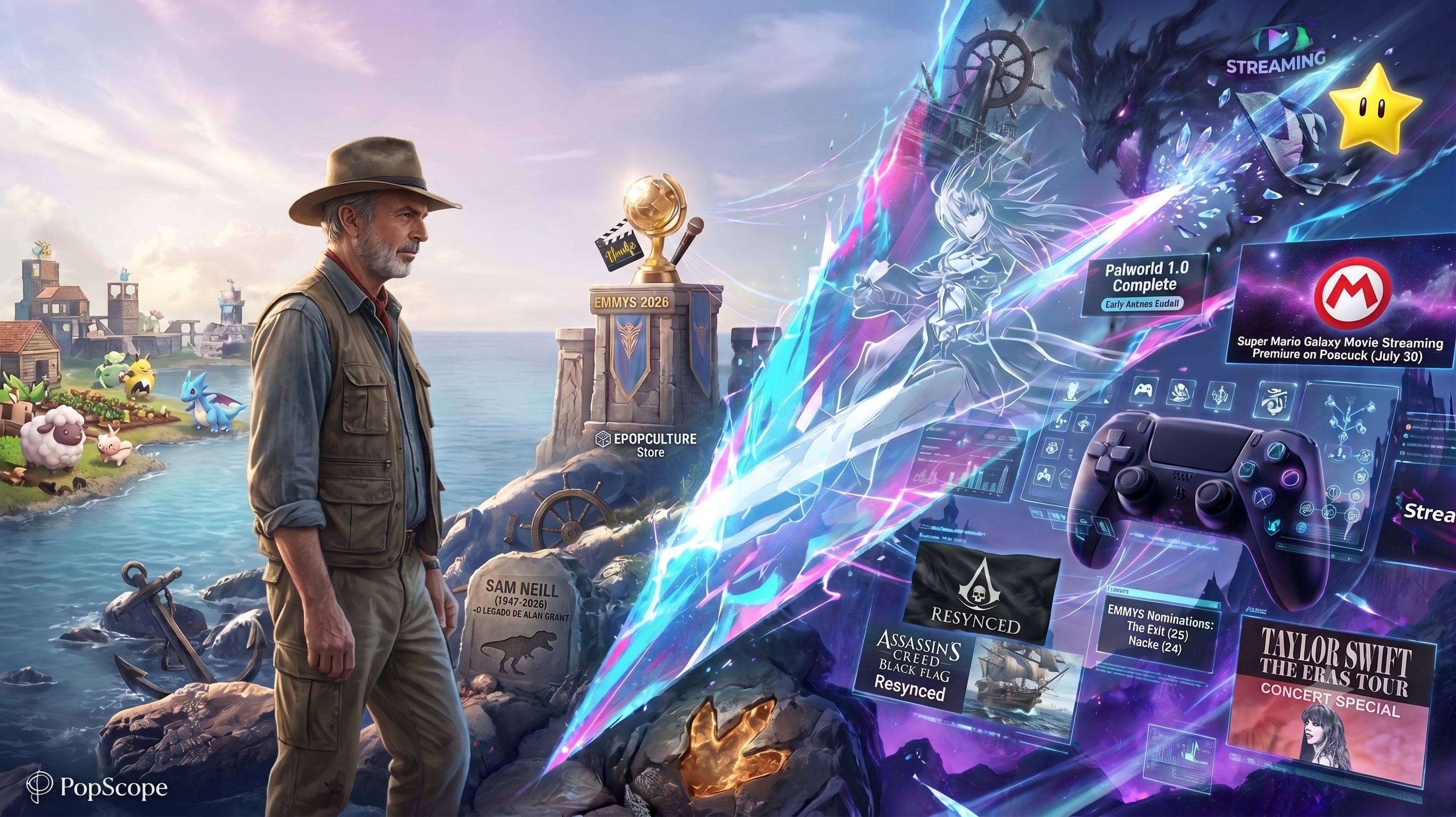 PopScope #2 - Palworld 1.0, Assassin's Creed Black Flag Resynced e Emmys 2026 - banner editorial EPOPCULTURE News